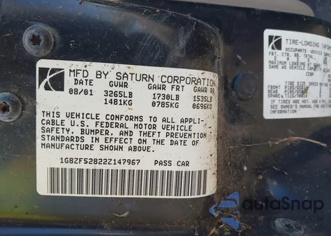 2002 Saturn S-Series Sl from USA, damaged, VIN 1G8ZF52822Z147967